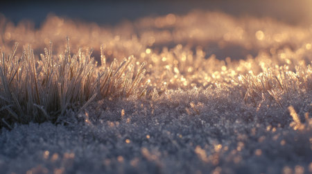 Frost-covered grass glistens in the early morning light during winterの素材