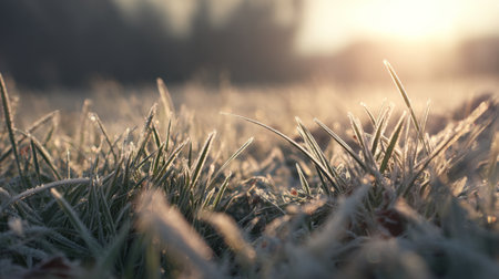 Frost-covered grass glowing under the morning sun in a quiet winter landscapeの素材