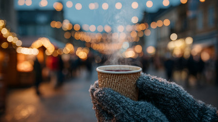 Enjoying warm drinks at a festive market during winter evening with sparkling lights and lively crowdの素材