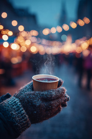 Warm cup of coffee held in gloved hands at a festive market during twilightの素材
