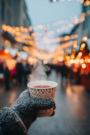 Warm drink held by a cozy hand amidst a festive market with twinkling lightsの素材