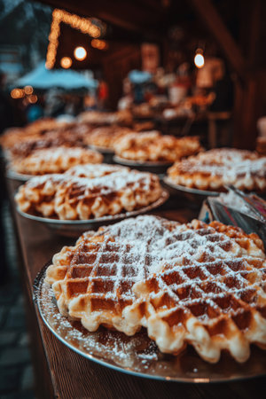 Delicious freshly made waffles served at a festive outdoor market during the winter seasonの素材
