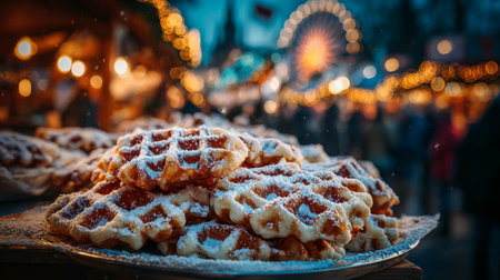 Warm waffles stacked high at a festive winter market with twinkling lights and a ferris wheel in the backgroundの素材
