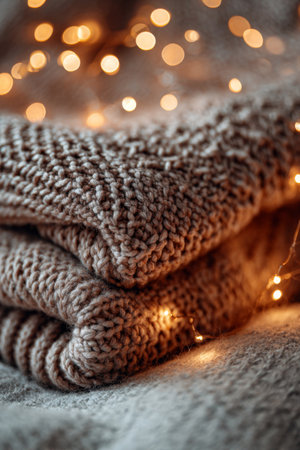 Soft knitted blankets draped with warm fairy lights create a cozy atmosphere for a winter eveningの素材