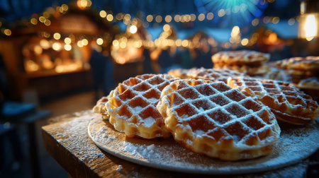 Delicious waffles topped with powdered sugar at a festive market in wintertime eveningの素材