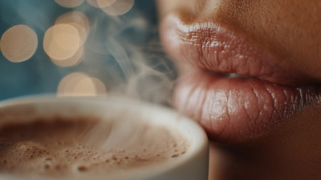 Warm cup of cocoa held close to soft lips on a chilly day in a cozy cafÃ© atmosphereの素材