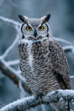 Great horned owl perched on a snowy branch in a winter forest landscape at duskの素材