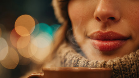 Enjoying a warm drink during a chilly evening at a festive outdoor market in the heart of the cityの素材