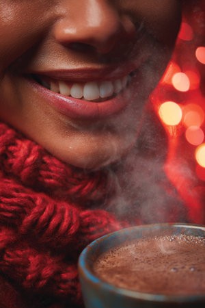 Warm smile with steaming drink in cozy setting during winter eveningの素材
