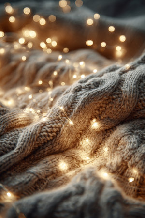 Cozy knitted sweater adorned with warm fairy lights in a soft, inviting setting during the winter seasonの素材