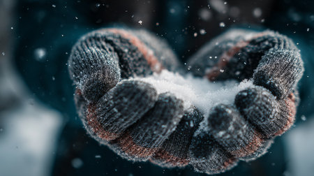 Hands hold freshly fallen snow in a winter landscape during a snowy dayの素材
