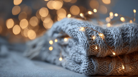 Cozy gray sweater decorated with warm lights creates a festive atmosphere during the holiday seasonの素材