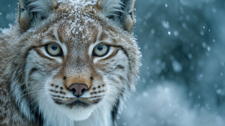 Lynx in snowfall showcasing beautiful fur and striking eyes in a winter landscapeの素材