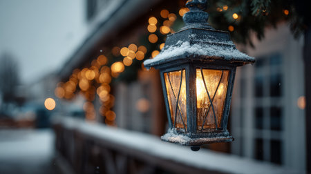 Beautiful lantern glowing in a snowy winter scene with warm bokeh lights in the backgroundの素材