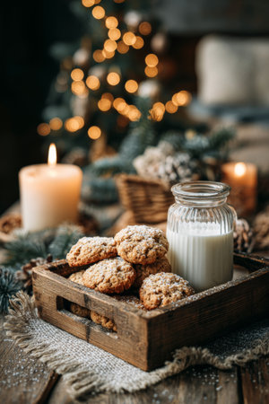 Delicious cookies and milk ready for holiday festivities on a cozy wooden table with festive lightsの素材