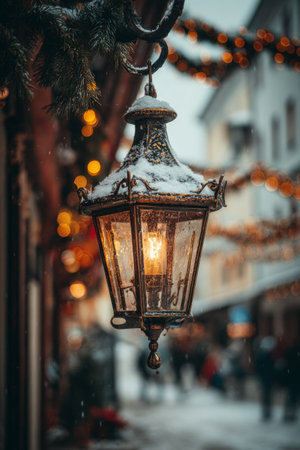 Winter lantern shines softly in a snowy street decorated with holiday lights in a charming townの素材