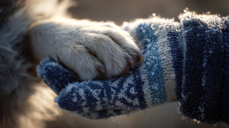 A dog and human share a tender moment by holding hands in a winter setting with snowflakes in the airの素材