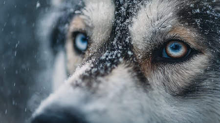 Close-up of a husky dog with piercing blue eyes surrounded by falling snow in a winter landscapeの素材