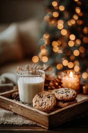 Warm holiday treats with cookies and milk by a cozy fireplace with glowing lightsの素材