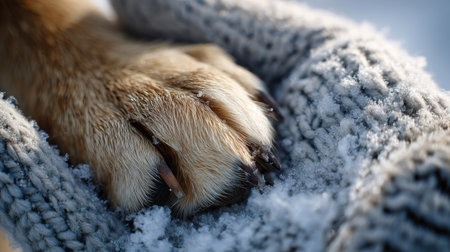 Close-up of a furry paw resting gently on a woolen glove in the snowy winter landscapeの素材