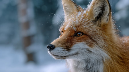 Wild fox gazes into the snowy forest during winter, showcasing its bushy tail and alert expressionの素材