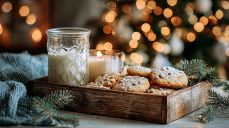 Cookies and milk by the Christmas tree create a cozy holiday atmosphere in a warm living roomの素材