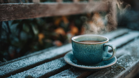 Sip of warmth from a steaming cup of coffee on a frosty bench during a chilly morningの素材