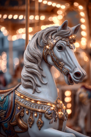 Detailed close-up of ornate carousel horse adorned with lights in a carnival setting at duskの素材