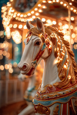 Colorful carousel horse with glowing lights at an amusement park during evening festivitiesの素材