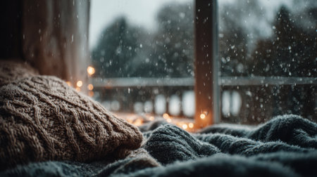 Cozy winter scene with rain falling outside and soft blankets on a bedの素材