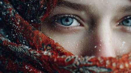 Eyes shining in snow, a young woman wrapped in a colorful scarf, highlighting winter beauty and tranquilityの素材