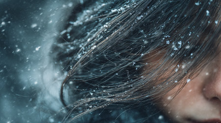 Snowfall gently covers a persons hair in a serene winter scene as cold winds blowの素材