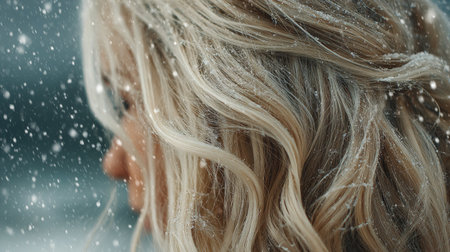 Woman with long wavy hair enjoys snowfall in a serene winter landscape during a peaceful afternoonの素材