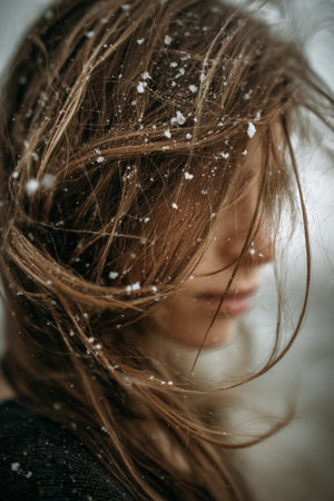 Woman with flowing hair surrounded by falling snow in a serene winter settingの素材