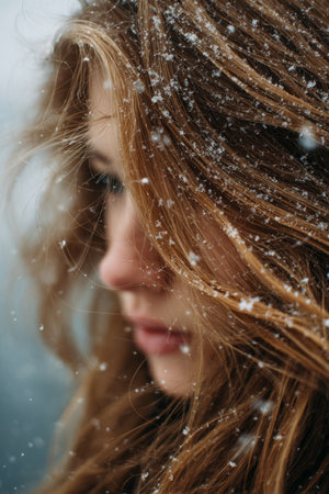 Winter serenity captures a young girl with flowing hair adorned by falling snowflakes during a quiet snowfallの素材