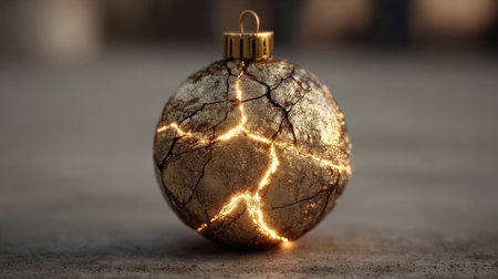 Decorative golden ornament with cracks and glowing lines, perfect for holiday season decorations in cozy settingsの素材