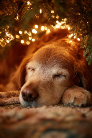 Golden retriever sleeping peacefully under a Christmas tree with warm lights in a cozy settingの素材