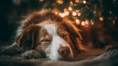 Sleepy dog resting peacefully under a Christmas tree with warm lights shining softlyの素材