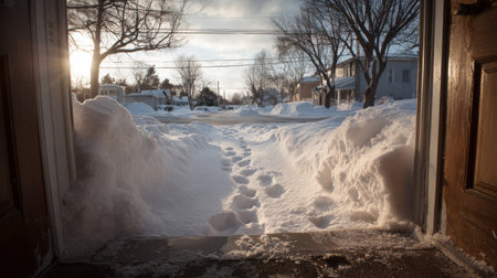 Snow-covered entrance showcases deep drifts and sunlight illuminating a winter landscape in a quiet neighborhoodの素材
