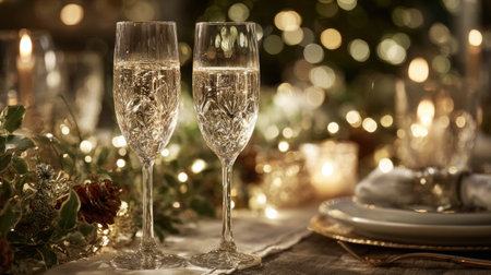Celebration with sparkling drinks at a beautifully decorated festive table during the holiday seasonの素材