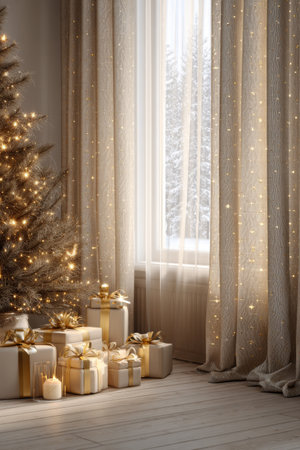 Warm holiday decorations with a Christmas tree, glowing lights, and beautifully wrapped gifts in a cozy living roomの素材