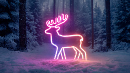 Neon deer sculpture glows in a snowy forest at night during winter seasonの素材