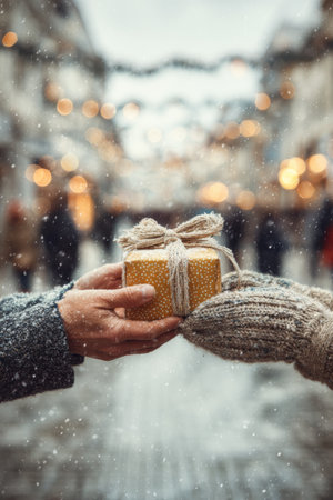 Couple exchanges a beautifully wrapped gift in a festive snowy street during the holiday seasonの素材