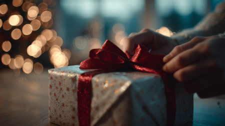 Holiday gift wrapping moment captured indoors with warm lights and festive atmosphere during the Christmas seasonの素材