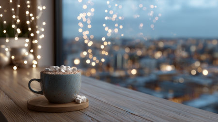 Cozy winter evening with hot chocolate and city lights in the backgroundの素材