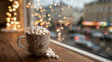 Warm cup of hot chocolate with marshmallows by the window on a rainy day with soft lights in the backgroundの素材