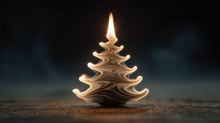 Unique candle shaped like a Christmas tree creates a warm glow in a dimly lit settingの素材