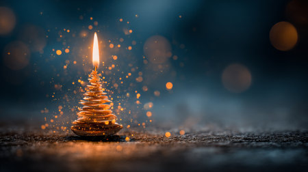 Beautiful candle forming a Christmas tree shape with warm candlelight and sparkling effects in the backgroundの素材