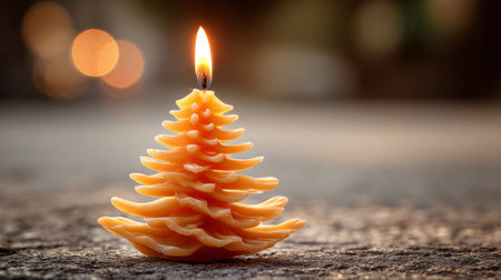 Unique candle shaped like a pine tree placed on a textured surface during twilightの素材