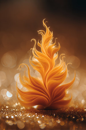 Beautiful swirl of orange elements resembling flames glowing against a sparkly backgroundの素材